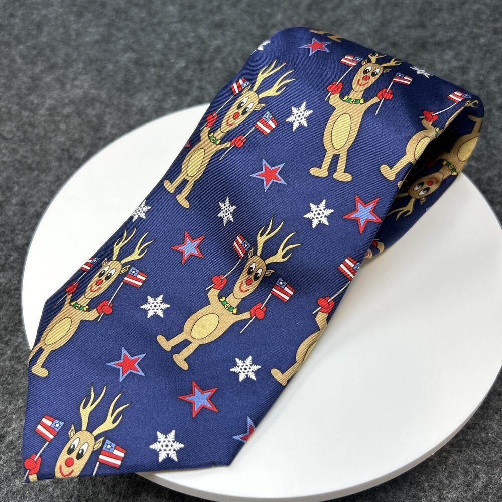 Save The Children Silk Necktie 58" Patriotic Reindeer USA Stars Christmas Tie